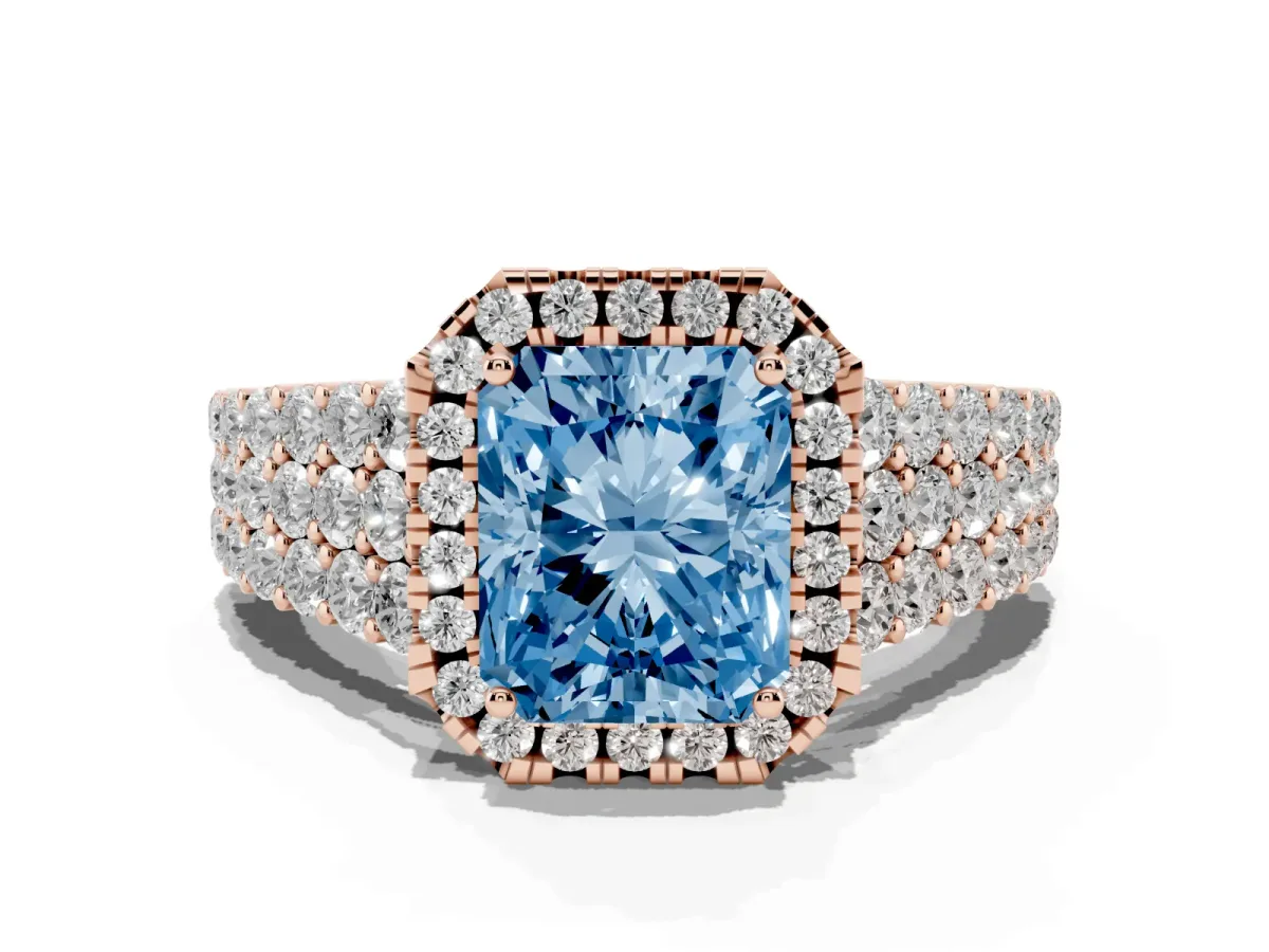 Fancy Blue Radiant Cut Diamond Halo Engagement Ring with Triple Row Round Pavé Band and Prong Setting Rose gold