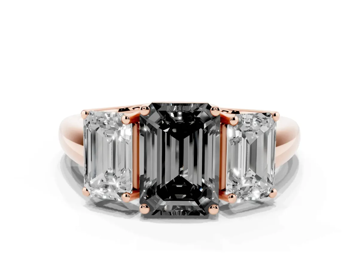 Fancy Black Three-Stone Emerald Cut Diamond Engagement Ring with Prong Setting Rose gold