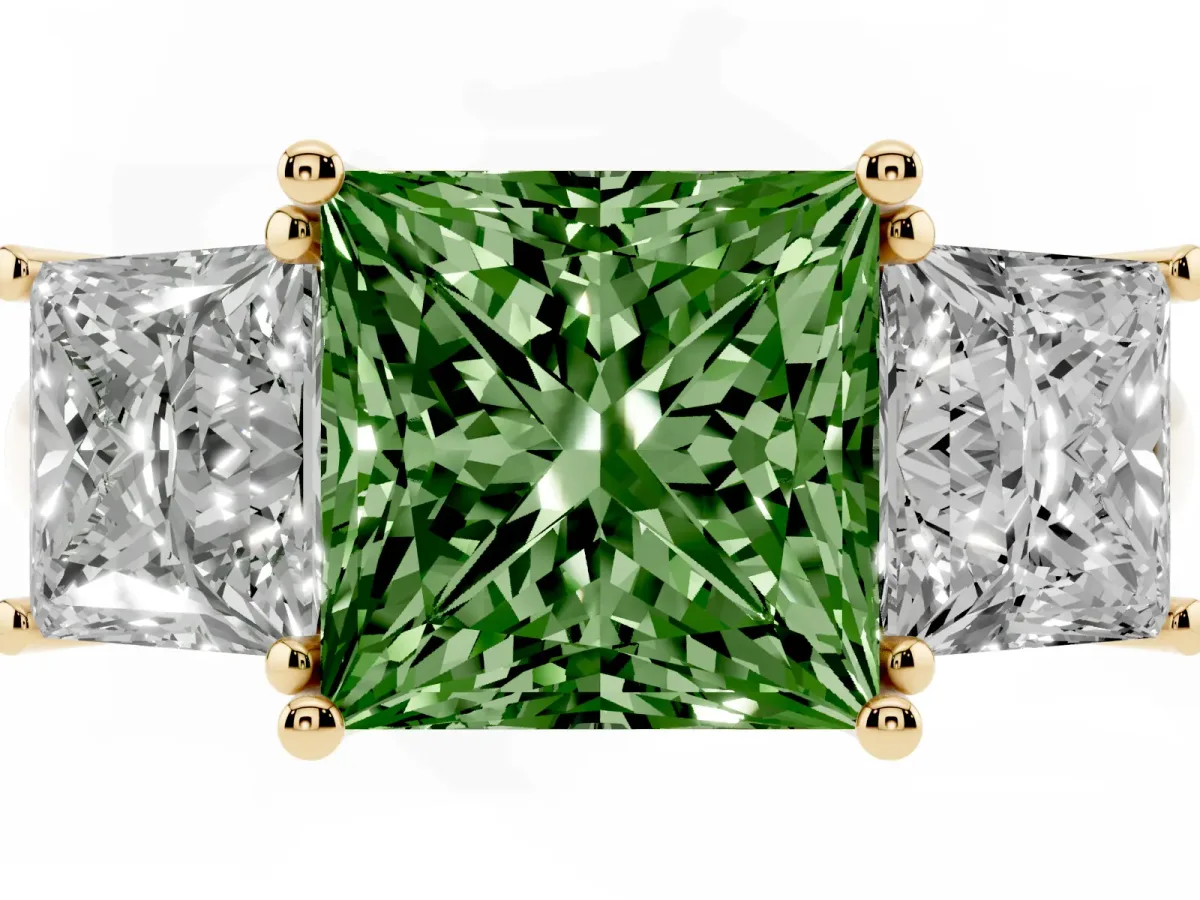 Fancy Green Three-Stone Princess Cut Diamond Engagement Ring with Prong Setting Yellow gold