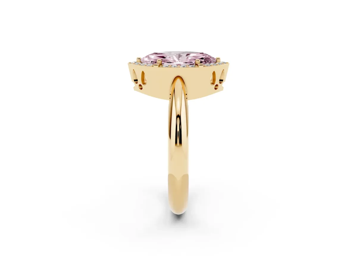Fancy Pink Marquise Cut Cut Diamond Halo Engagement Ring with Split Shank and Four-Prong Setting Yellow gold
