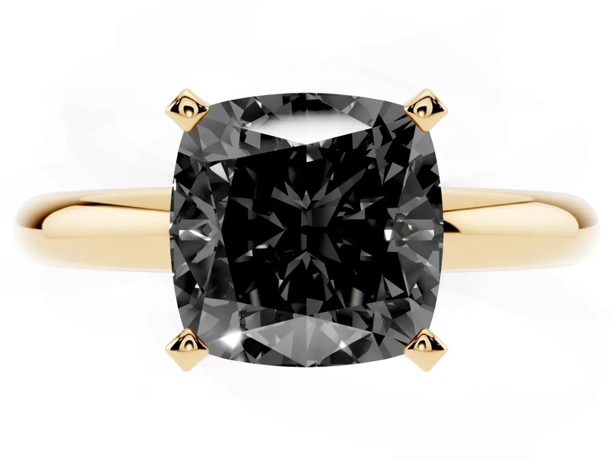 Fancy Black Cushion Cut Diamond Solitaire Engagement Ring with Round Band and Four-Prong Setting Yellow gold
