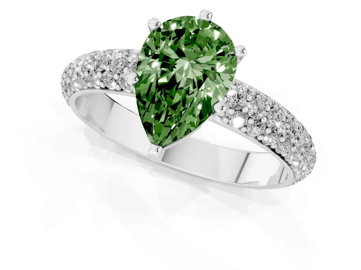 Fancy Green Pear Cut Diamond Solitaire Ring with Prong Setting and Pavé Band Silver
