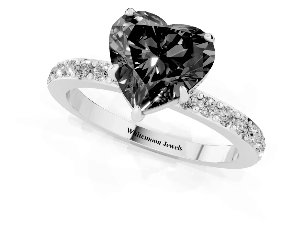 Fancy Black Heart Cut Diamond Pavé Engagement Ring with Round Accents and Prong Setting Platinum