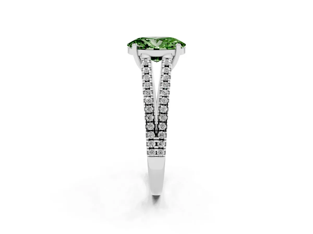 Fancy Green Oval Cut Diamond Solitaire Engagement Ring with Split Shank Pavé Band Platinum