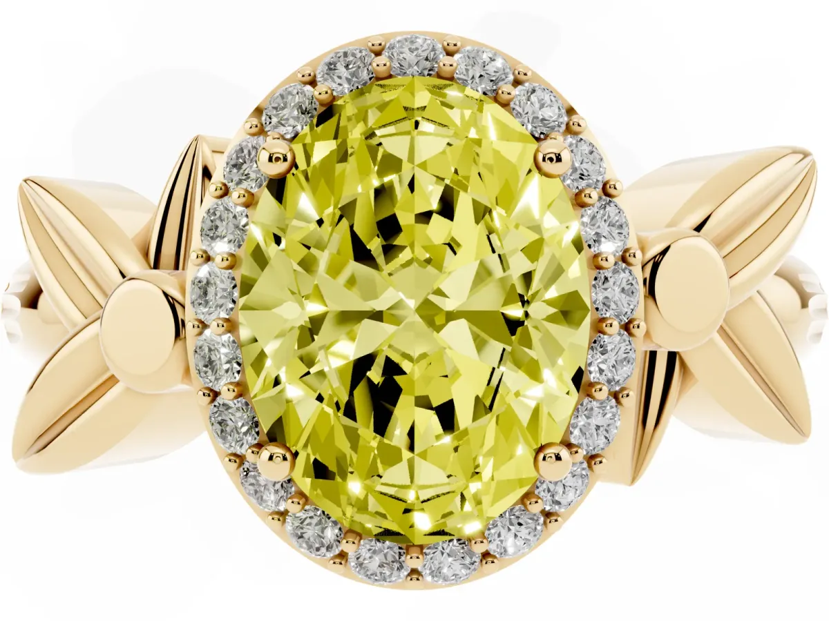 Fancy Yellow Oval Cut Halo Diamond Floral Band with Four-Prong Setting Yellow gold