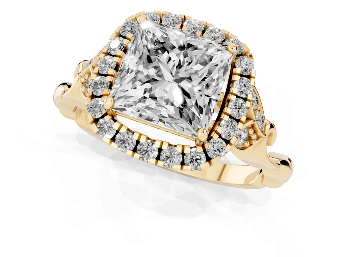 Princess Cut Halo Diamond Engagement Ring with Vintage-Inspired Band and Four-Prong Setting Yellow gold