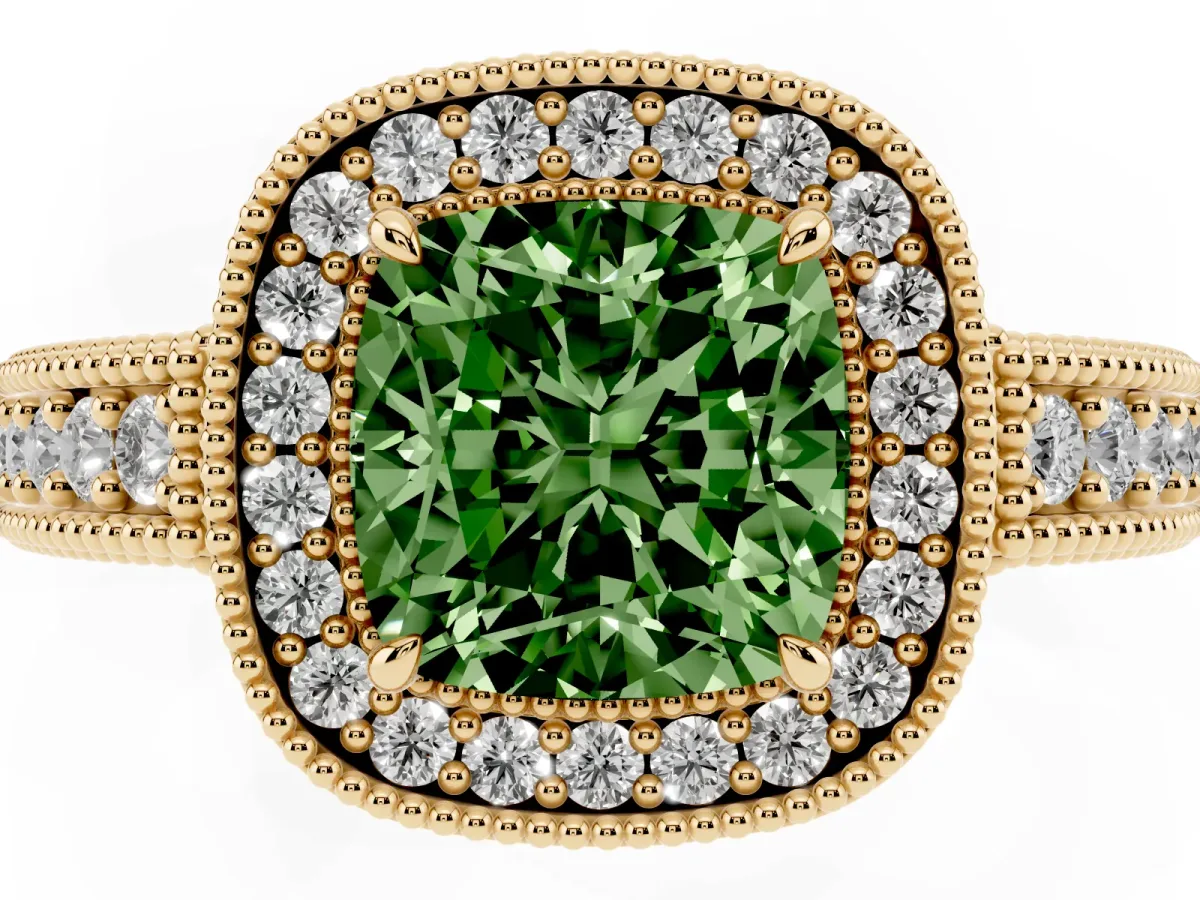 Fancy Green Cushion Cut Cut Halo Diamond Ring with Pavé Band and Four-Prong Setting Yellow gold