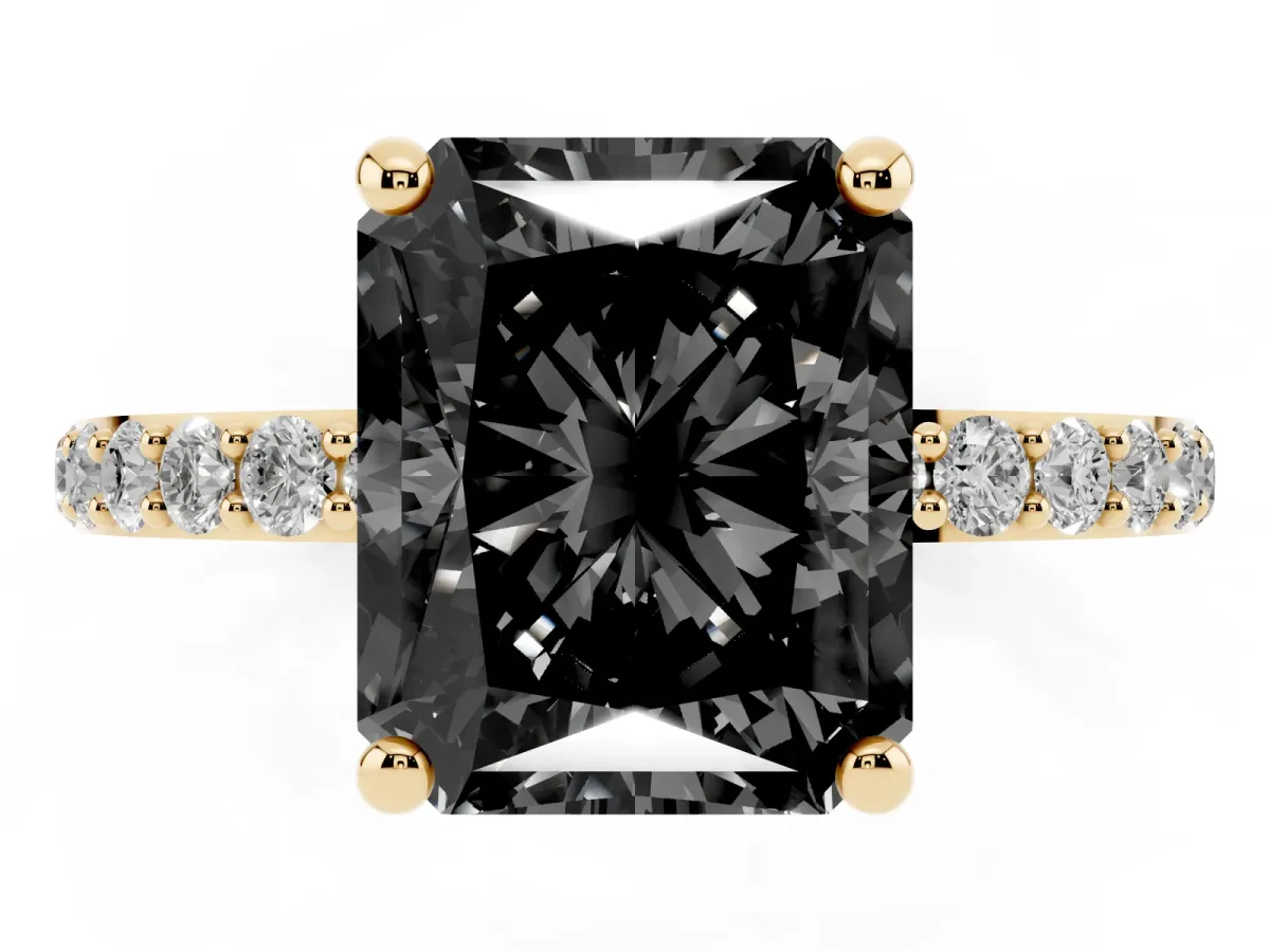 Fancy Black Radiant Cut Diamond Solitaire Ring with Round Pavé Band and Prong Setting Yellow gold