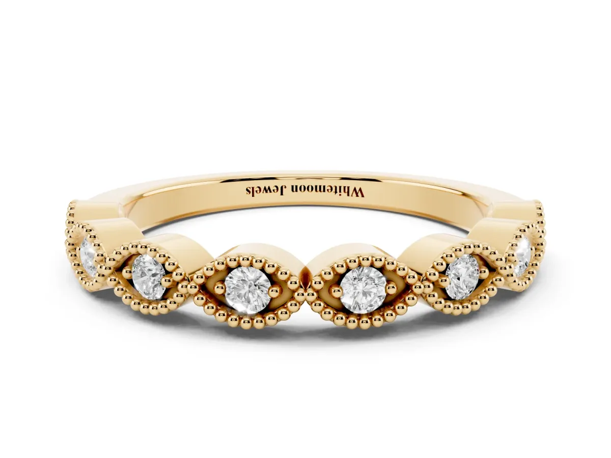 Milgrain Marquise Diamond Half Eternity Band with Bezel Setting Yellow gold