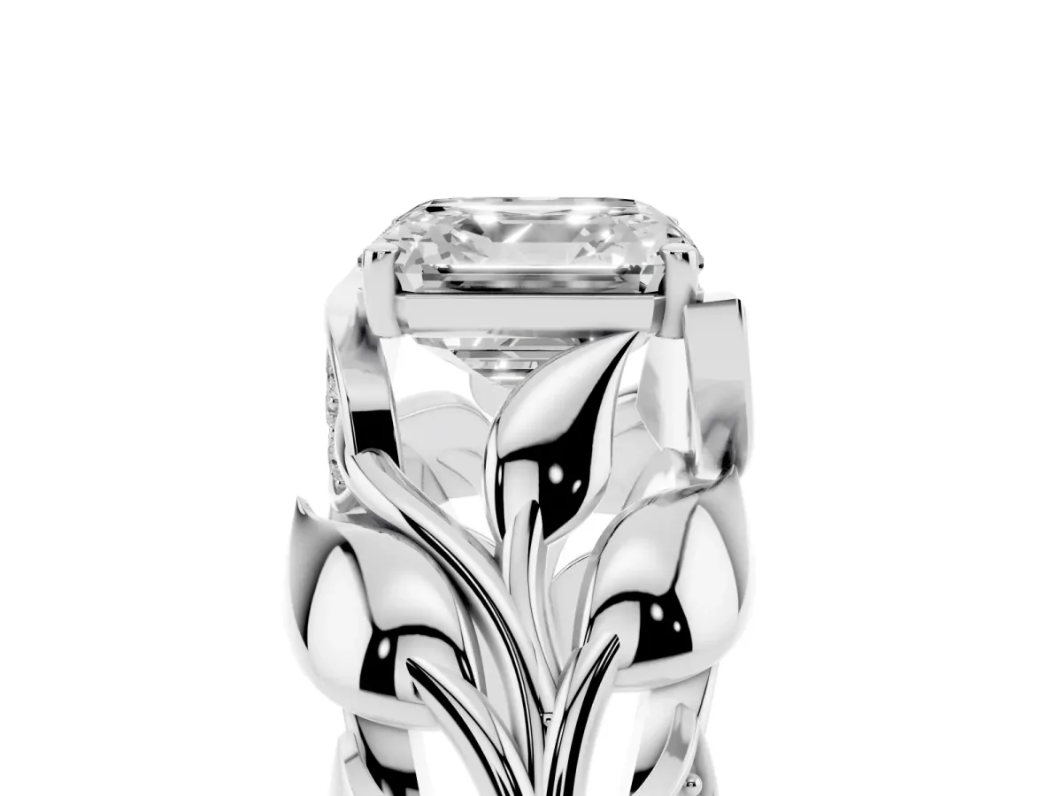 Asscher Cut Diamond Leaf-Inspired Engagement Ring with Round Accents and Prong Setting Silver