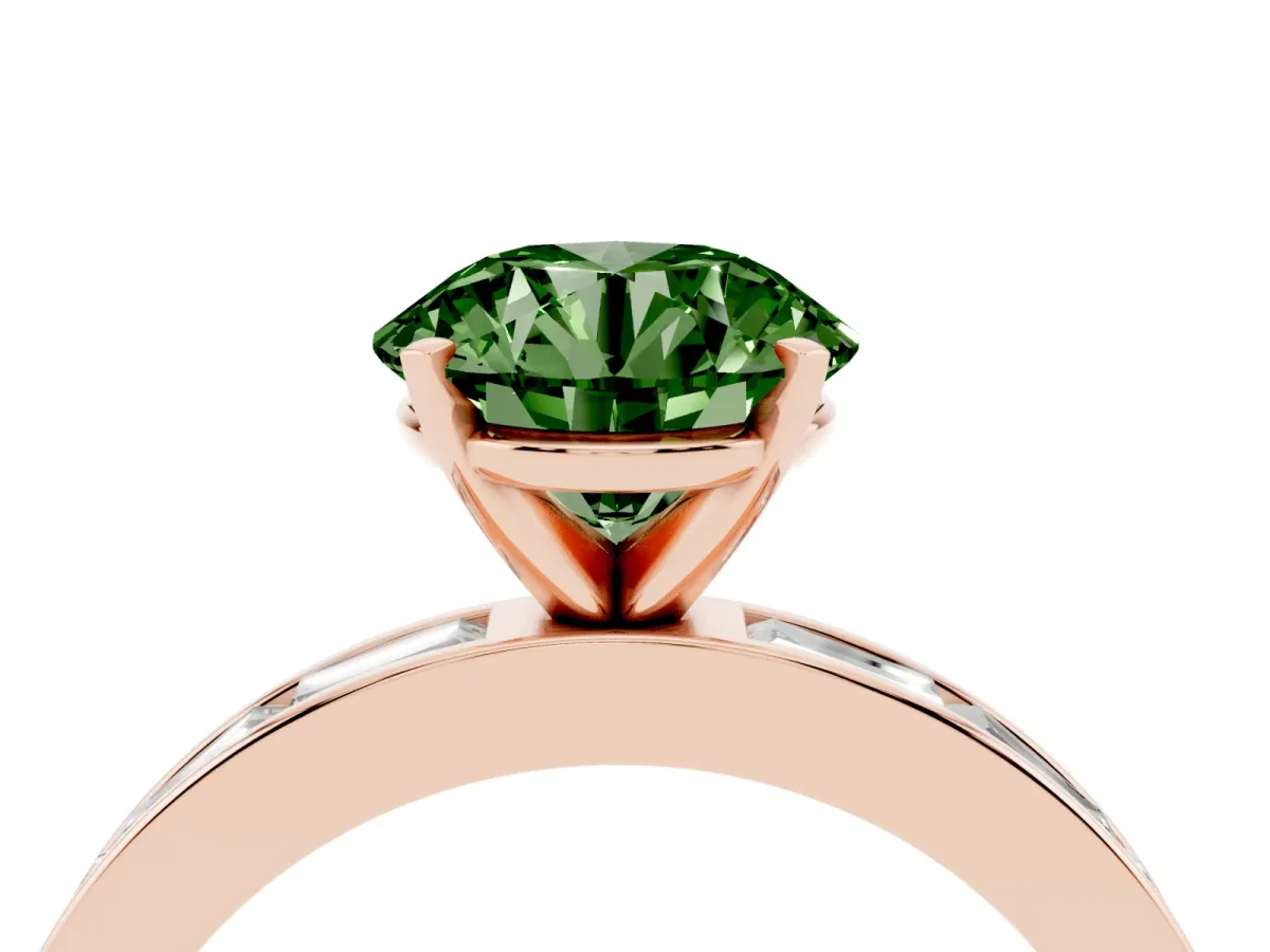 Fancy Green Round Cut Solitaire Diamond Ring with Channel-Set Baguette Band and Four-Prong Setting Rose gold