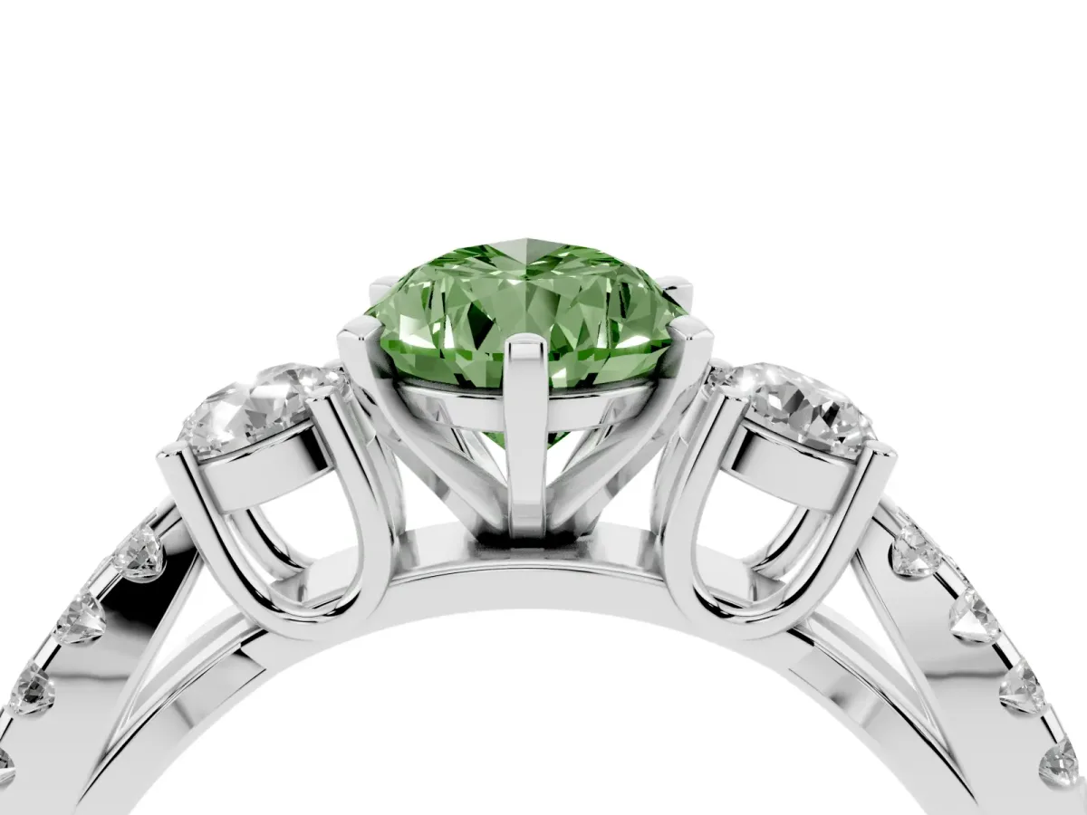 Fancy Green Pear Cut Diamond Three-Stone Ring with Pavé Split Shank and Four-Prong Setting Platinum
