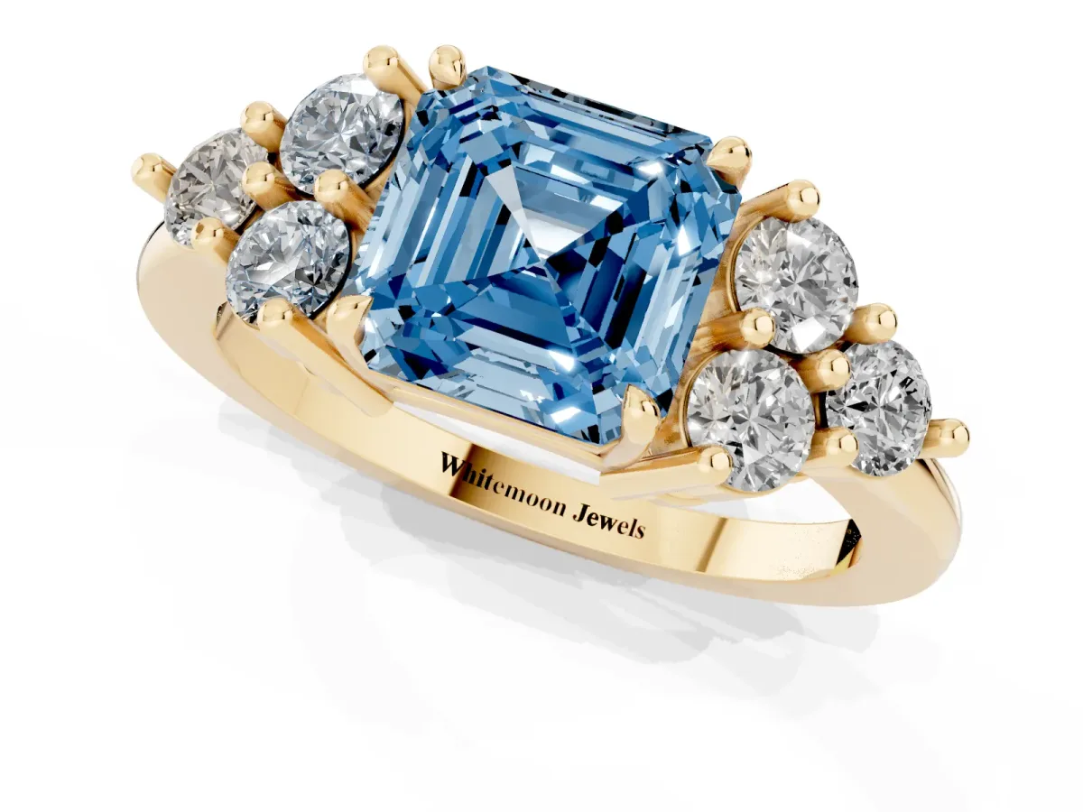 Fancy Blue Asscher Cut Brilliant Diamond Cluster Accent Solitaire Ring with Prong Setting Yellow gold
