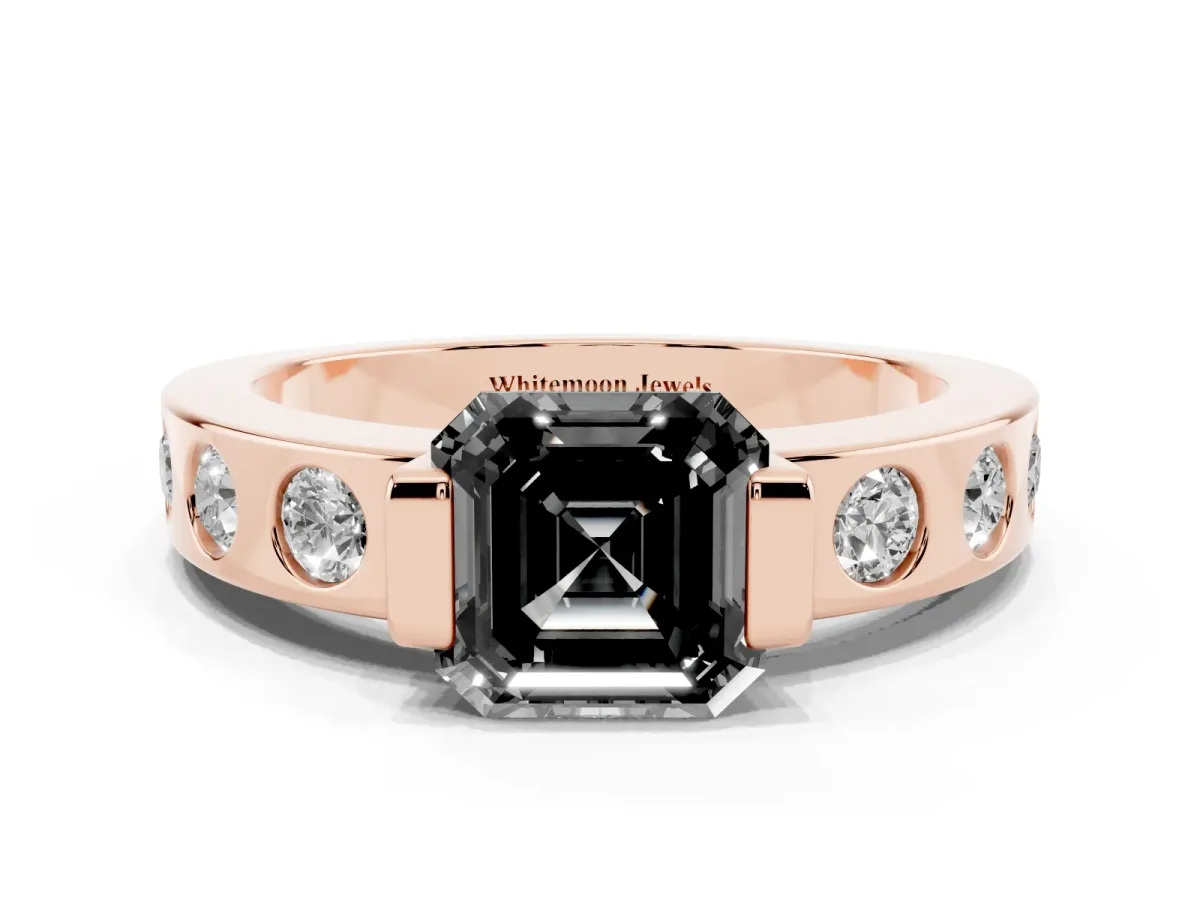 Fancy Black Asscher Cut Brilliant Channel-Set Diamond Ring with Bezel Prong Setting Rose gold