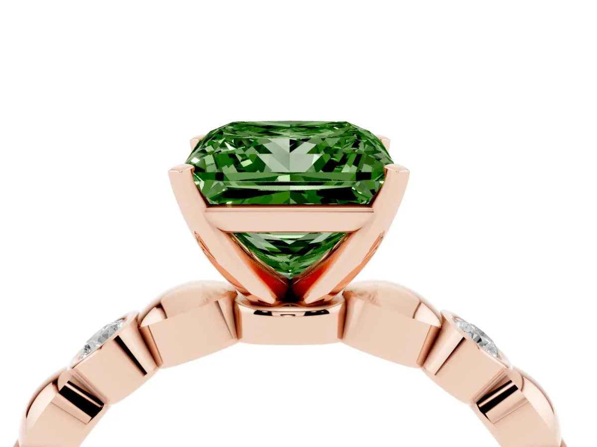 Fancy Green Princess Cut Solitaire Bezel-Set Diamond Ring with Beaded Band and Four-Prong Setting Rose gold