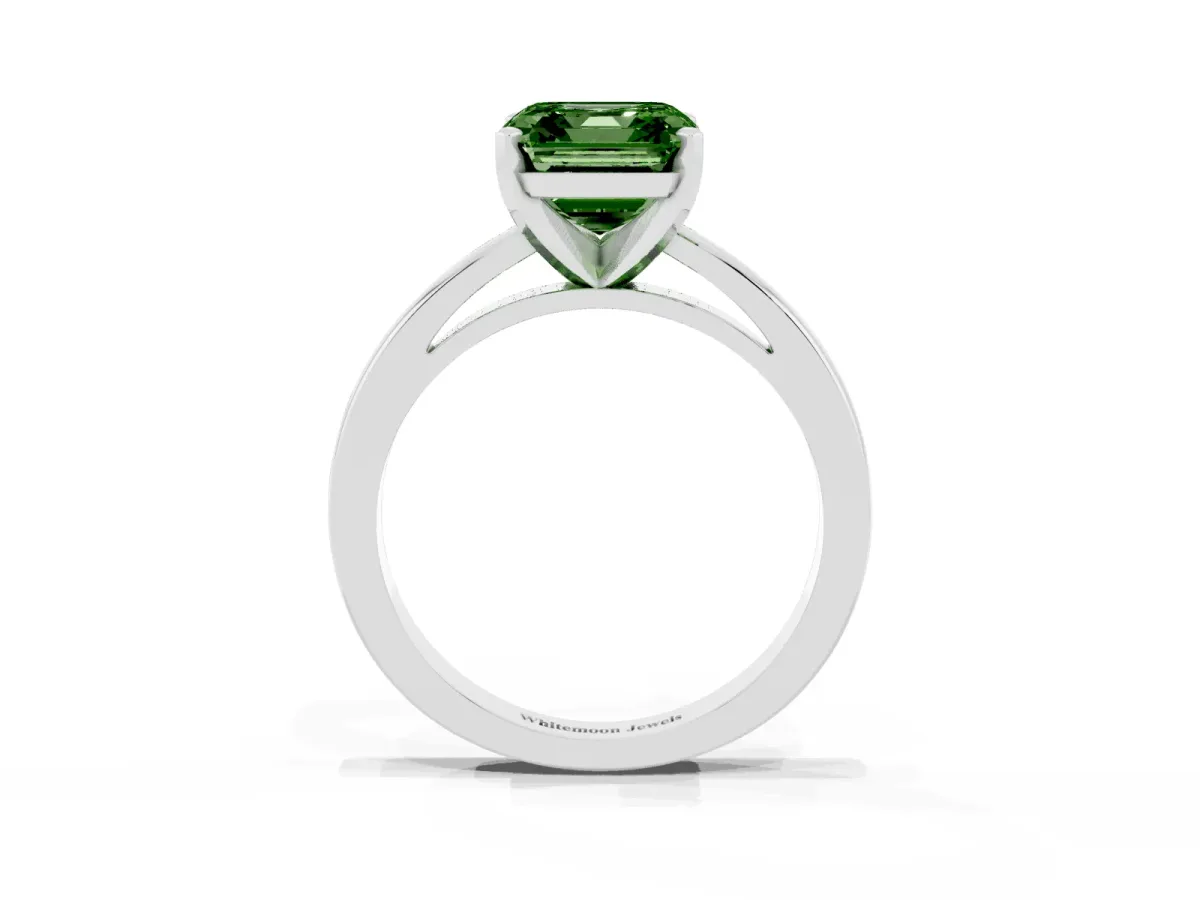 Fancy Green Asscher Cut Solitaire Diamond Engagement Ring with Four-Prong Setting on a Classic Band Silver