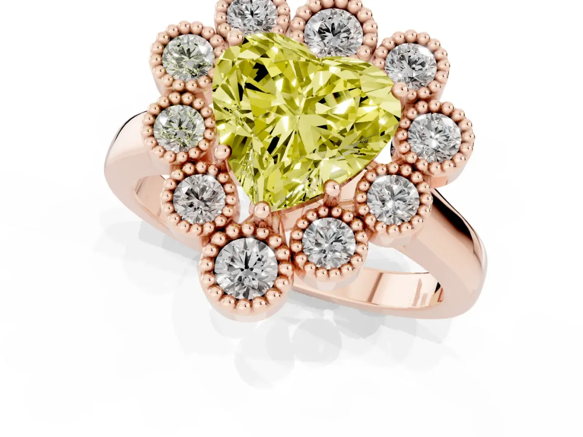 Fancy Yellow Heart Cut Halo Diamond Cluster Engagement Ring with Milgrain Bezel Setting and Solitaire Band Rose gold