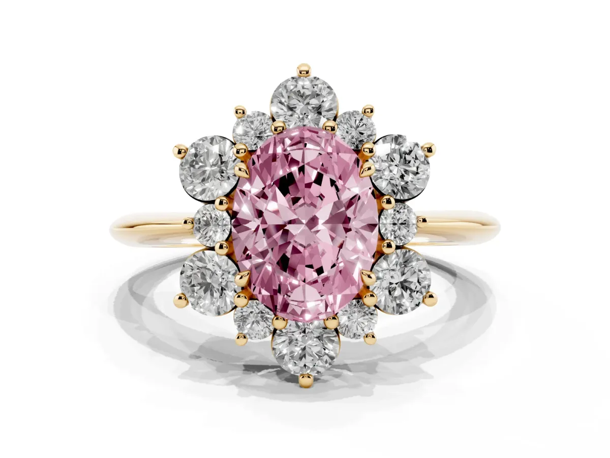 Fancy Pink Oval Cut Diamond Cluster Halo Ring with Solitaire Band and Four-Prong Setting Yellow gold