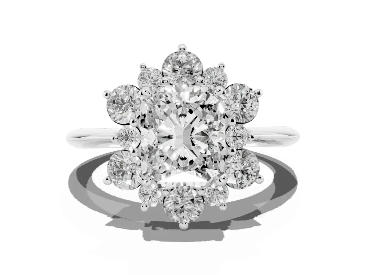 Radiant Cut Diamond Cluster Halo Ring with Solitaire Band and Four-Prong Setting Silver