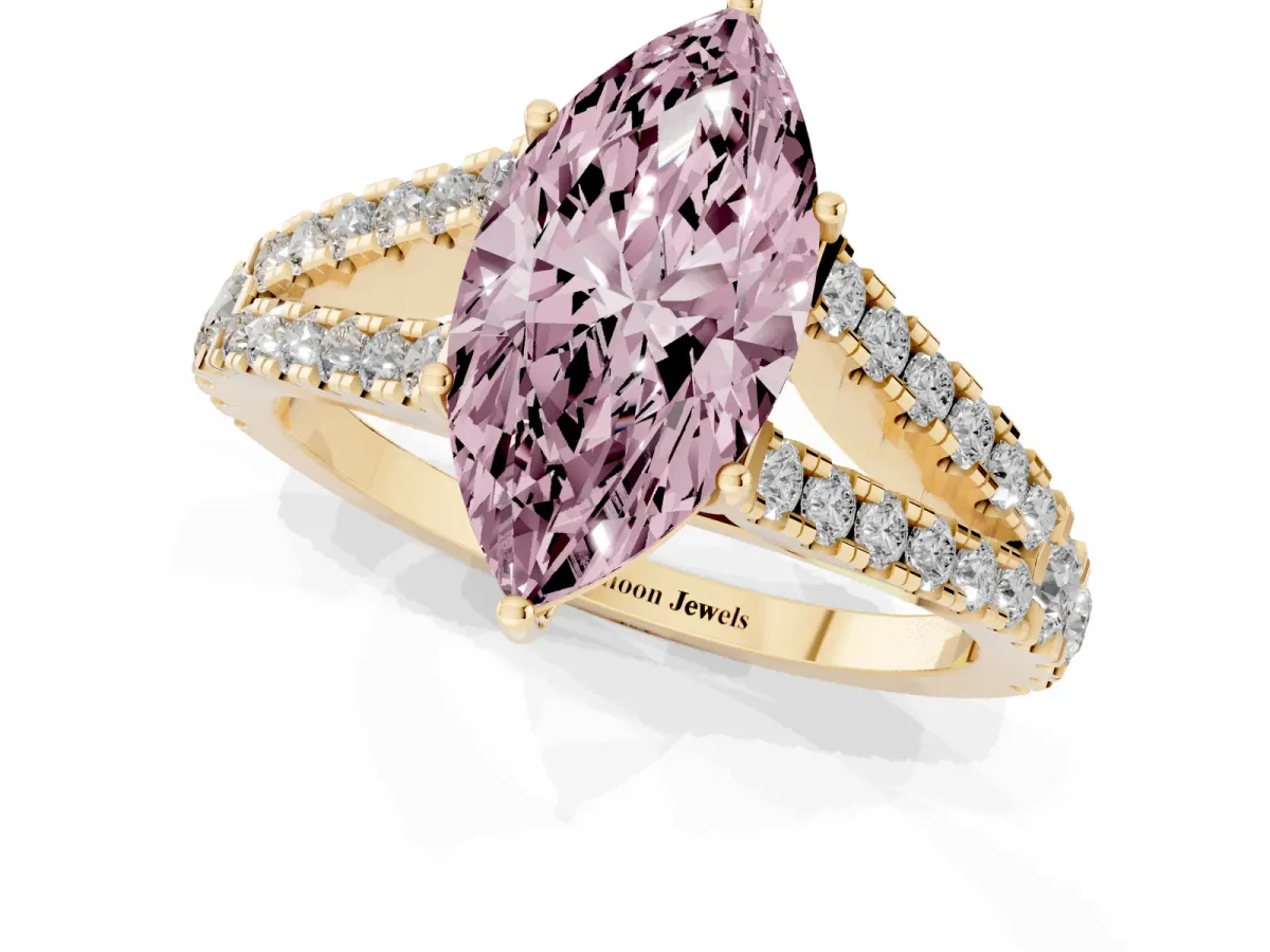 Fancy Pink Marquise Cut Diamond Split Shank Pavé Engagement Ring with Four-Prong Setting Yellow gold