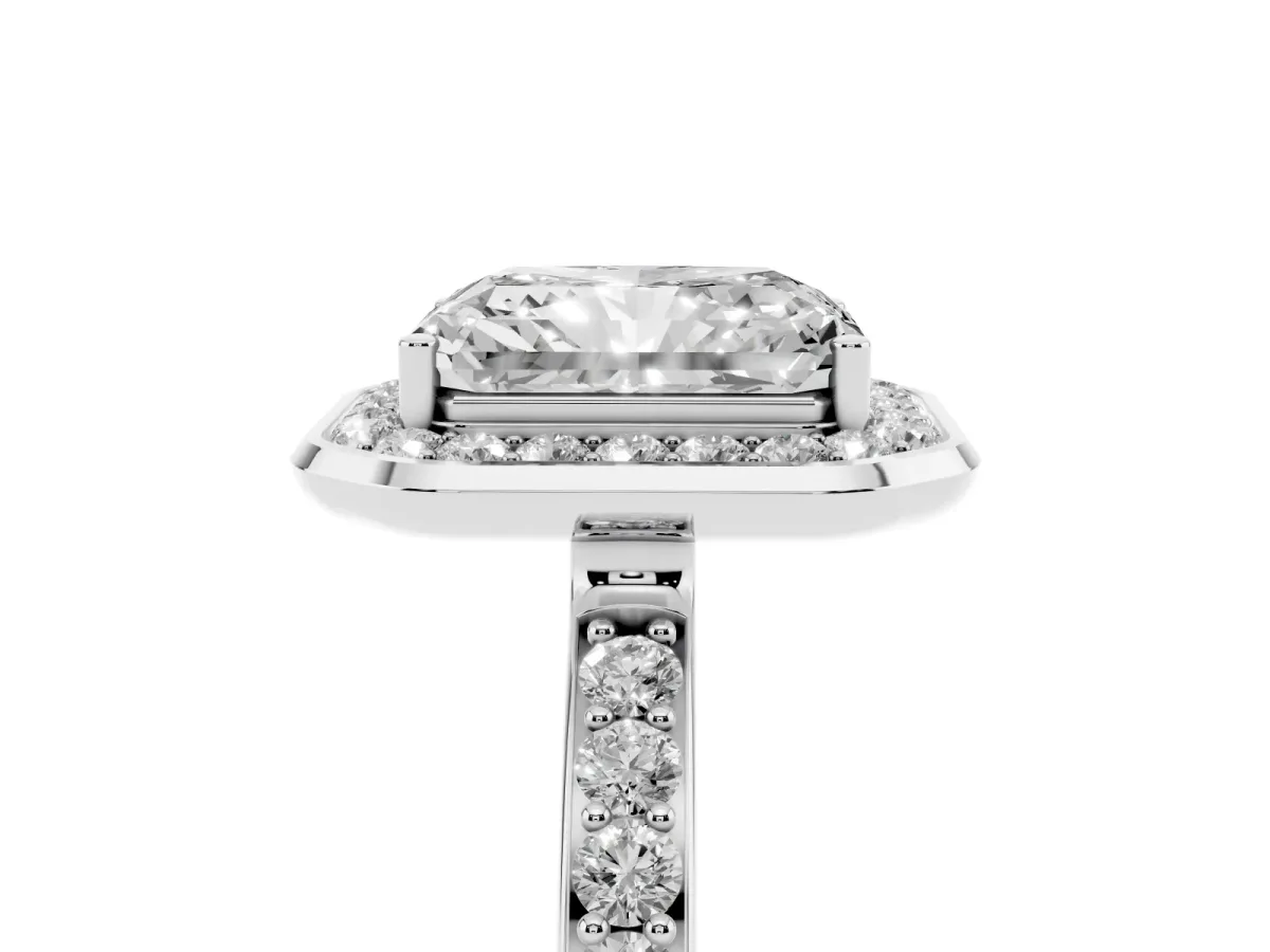 Radiant Cut Diamond Halo Ring with Bezel Frame and Pavé Band Silver