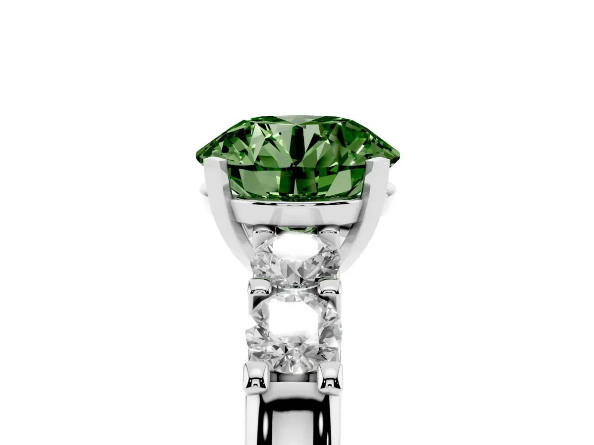 Fancy Green Round Cut Brilliant Cut Diamond Five-Stone Prong Set Engagement Ring with Channel Band Silver