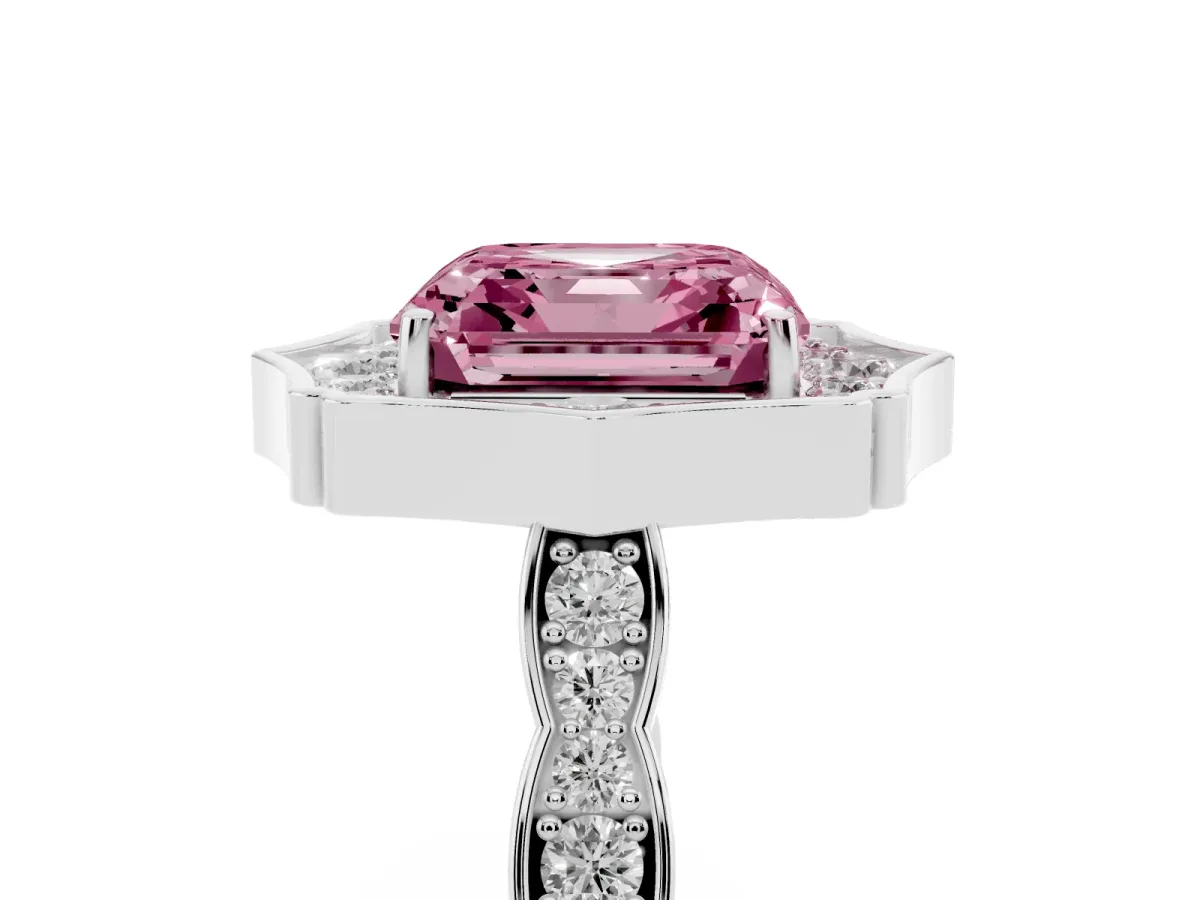 Fancy Pink Asscher Cut Halo Diamond Engagement Ring with Milgrain Band and Four-Prong Setting Platinum