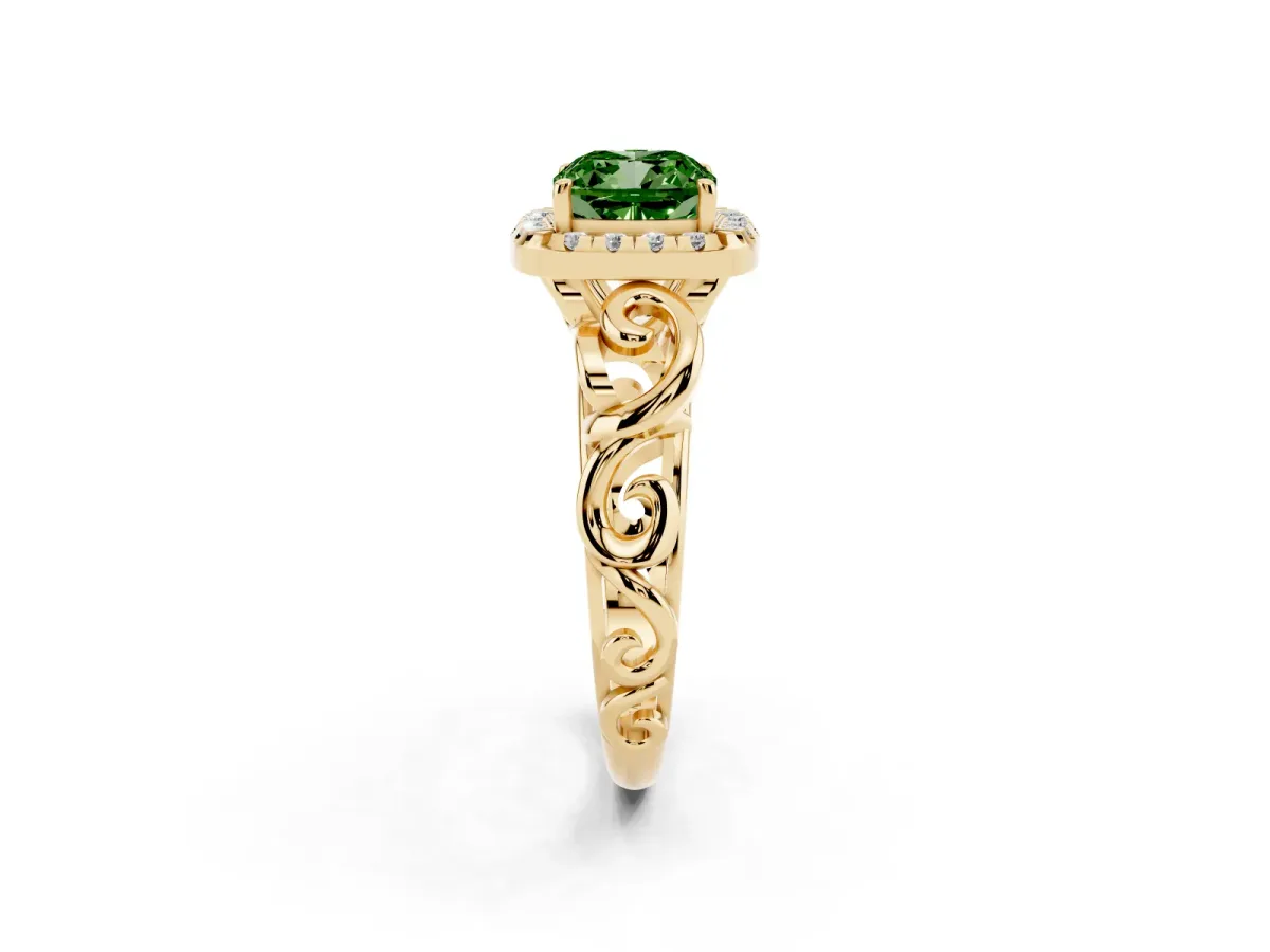 Fancy Green Cushion Cut Cut Halo Diamond Ring with Scrollwork Band and Four-Prong Setting Yellow gold