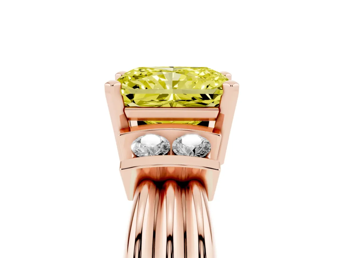 Fancy Yellow Radiant Cut Cut Three-Stone Channel Set Ring with Bar Prongs Rose gold