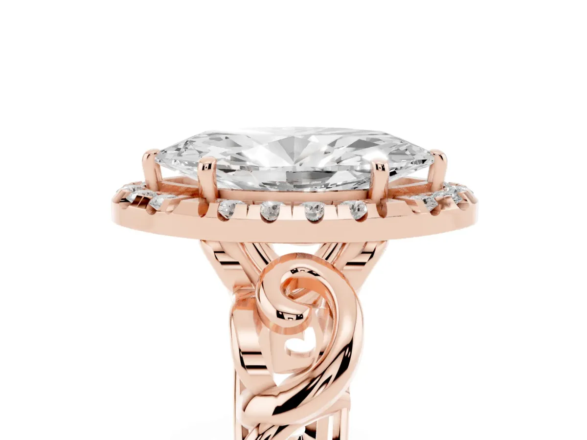 Marquise Cut Cut Halo Diamond Ring with Scrollwork Band and Four-Prong Setting Rose gold
