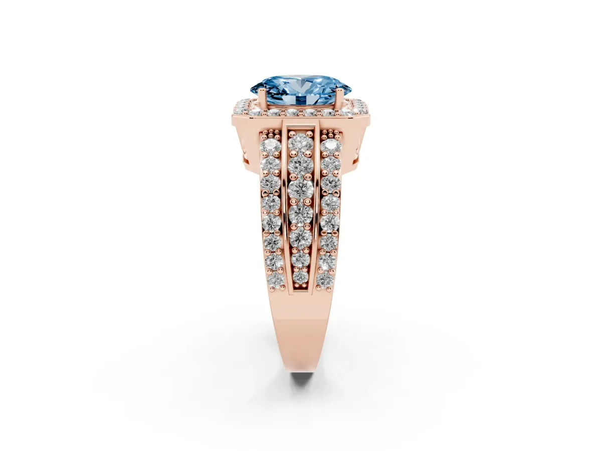 Fancy Blue Oval Cut Halo Diamond Ring with Round Split Shank and Prong Setting Rose gold