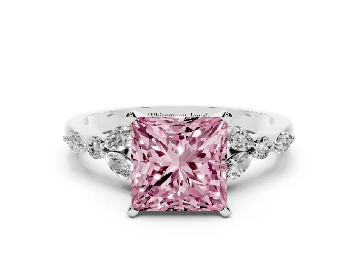 Fancy Pink Princess Cut Diamond Solitaire Ring with Side Stones and Four-Prong Setting Silver