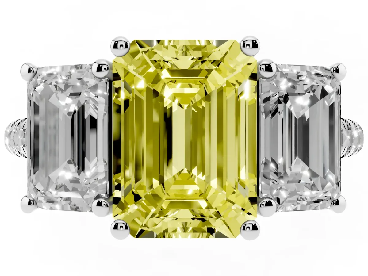 Fancy Yellow Three-Stone Emerald Cut Diamond Ring with Round Pavé Band and Prong Setting Silver