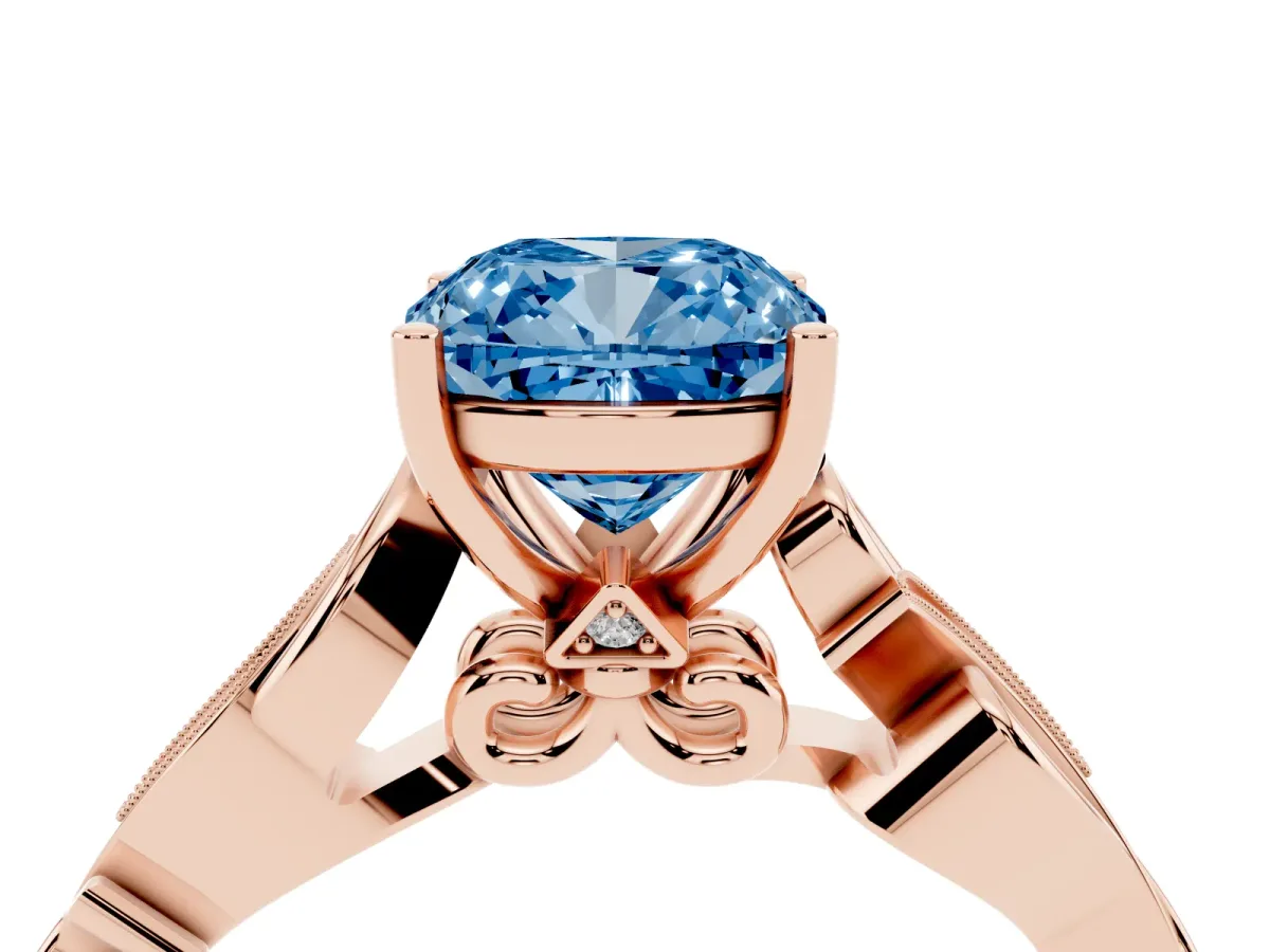 Fancy Blue Cushion Cut Solitaire Vine Band with Milgrain Prong Setting Rose gold