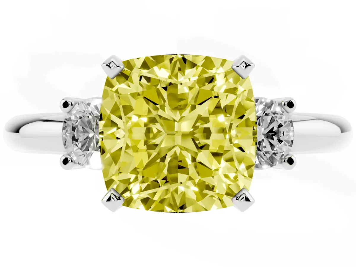 Fancy Yellow Three-Stone Cushion Cut Cut Diamond Solitaire with Prong Setting and Classic Band Platinum