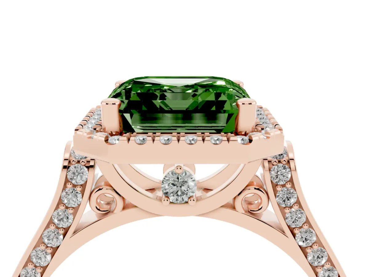 Fancy Green Asscher Cut Halo Pave Split Shank Prong Setting Ring Rose gold
