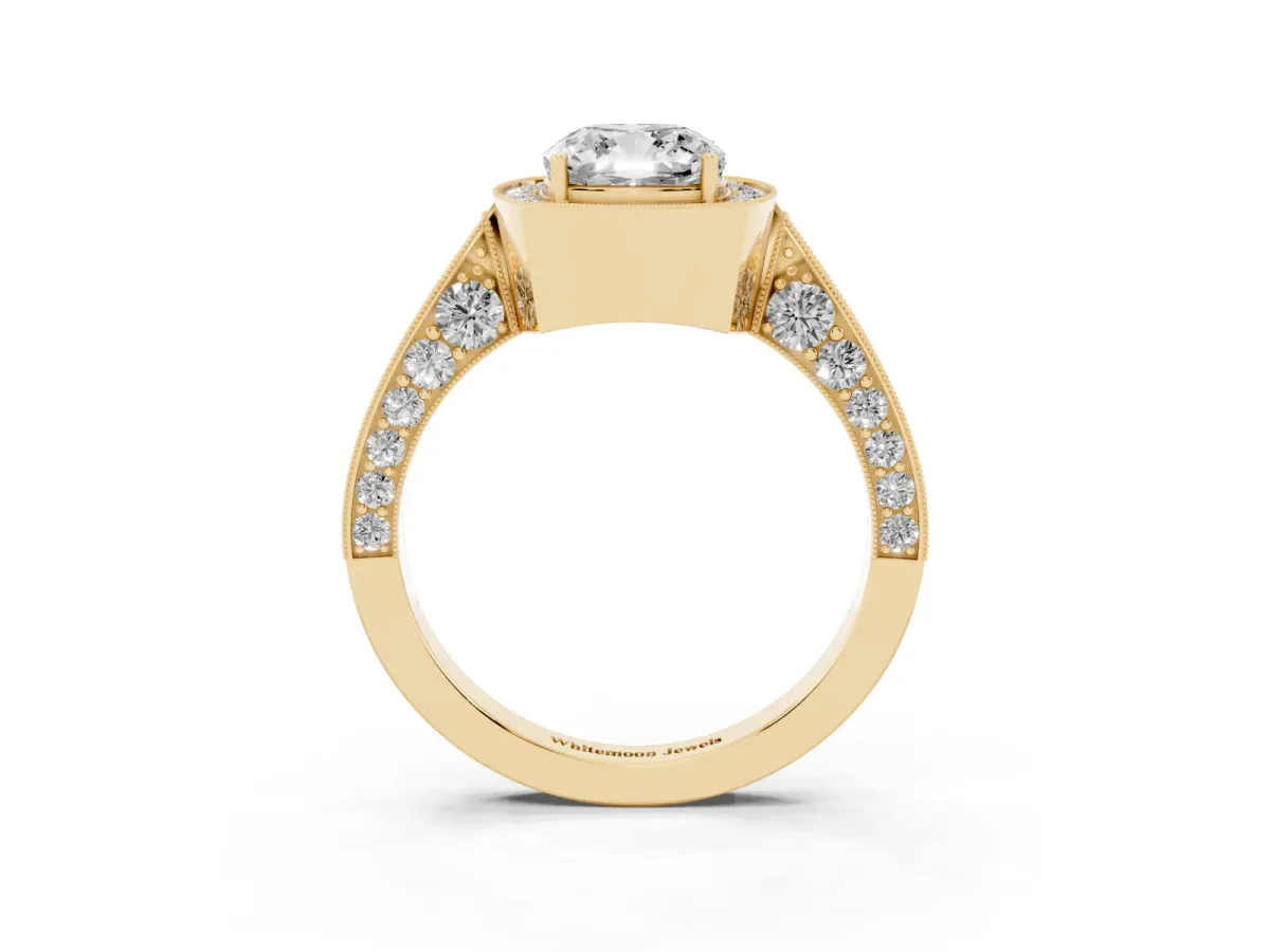 Cushion Cut Halo Diamond Engagement Ring with Split Shank Band and Four-Prong Setting Yellow gold