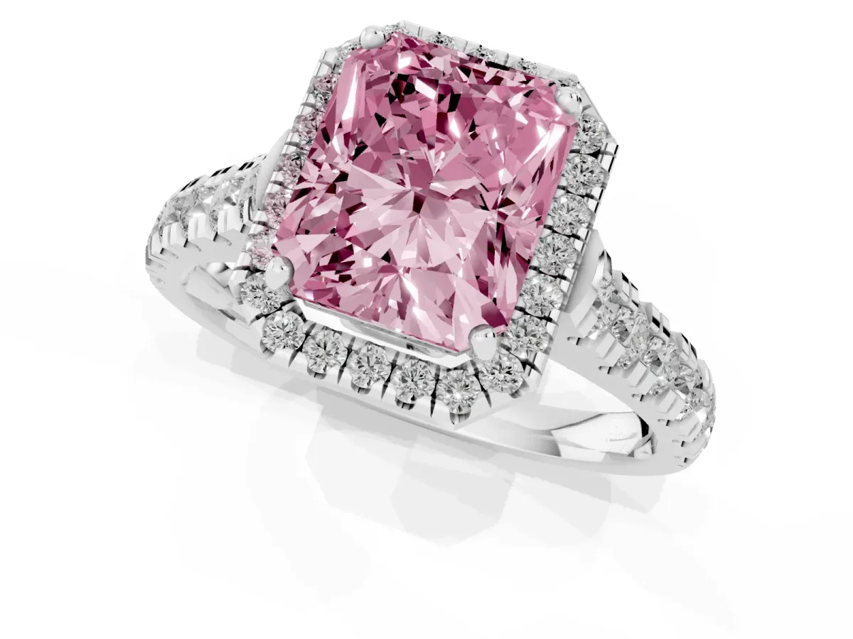 Fancy Pink Radiant Cut Halo Pavé Diamond Engagement Ring with Four-Prong Setting Silver