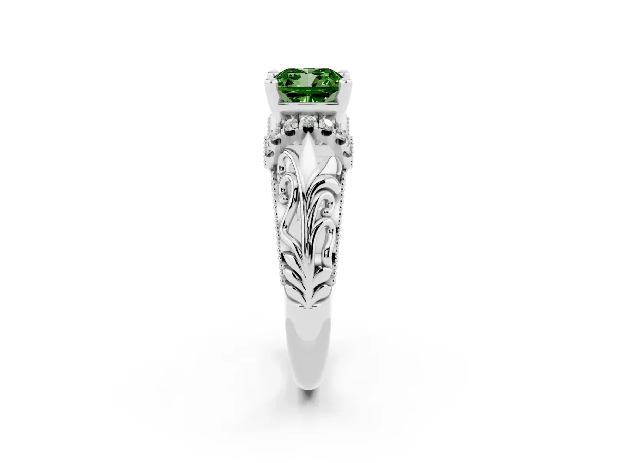 Fancy Green Cushion Cut Solitaire Filigree Engagement Ring with Halo and Prong Setting Silver