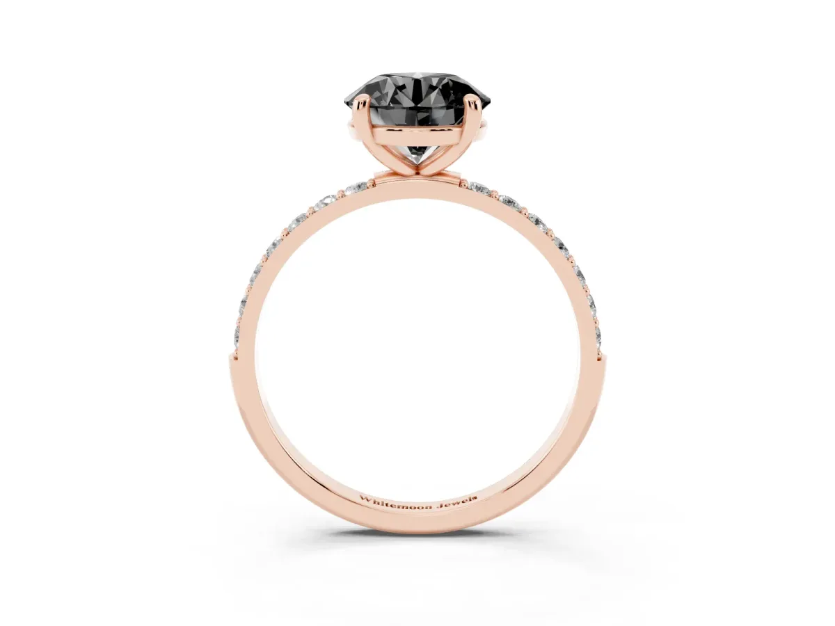 Fancy Black Round Cut Diamond Solitaire Ring with Round Pavé Band and Prong Setting Rose gold