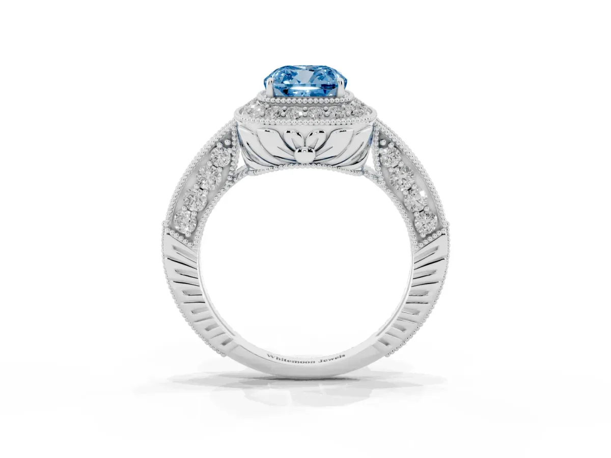 Fancy Blue Cushion Cut Halo Diamond Split Shank Ring with Milgrain Detail Silver