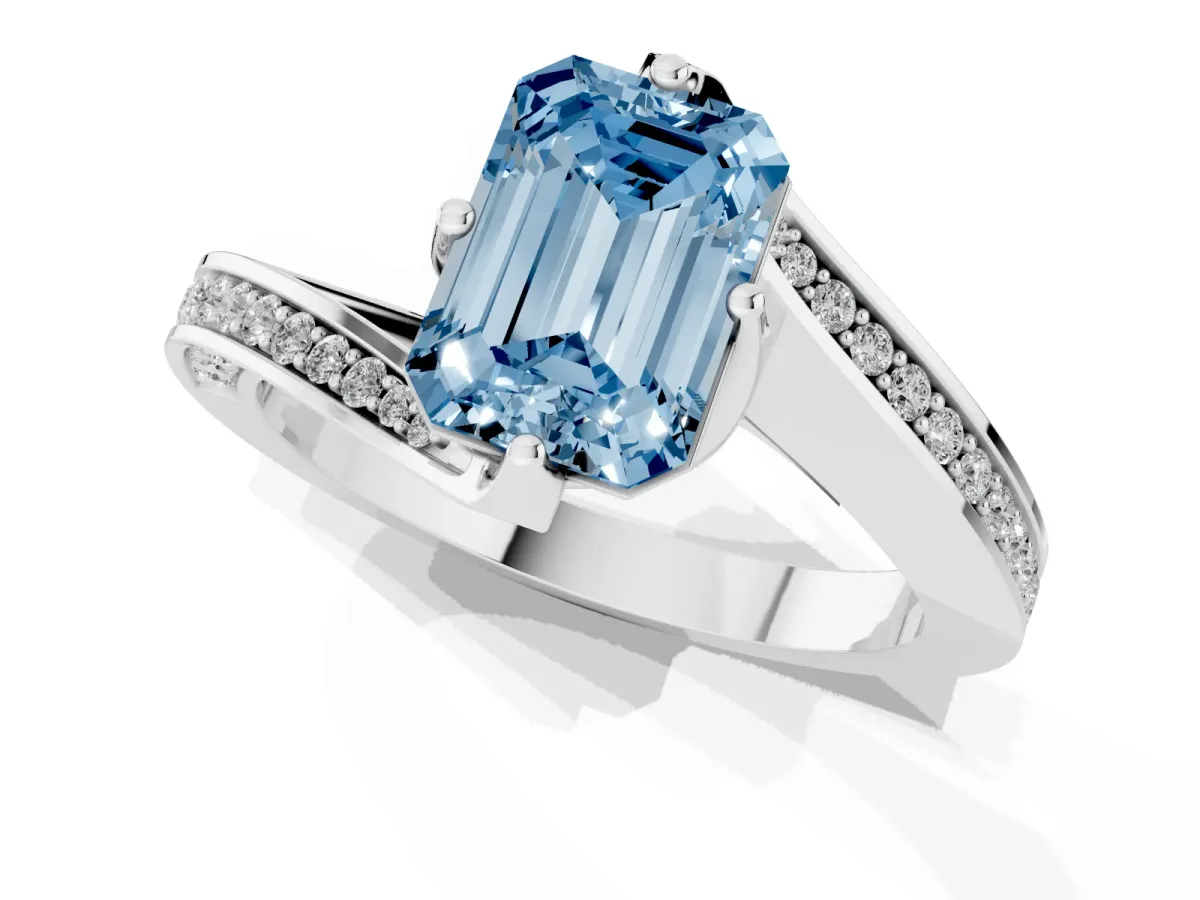 Fancy Blue Emerald Cut Solitaire Diamond Twist Band with Pavé Setting and Four-Prong Setting Silver