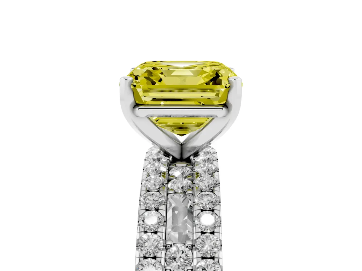 Fancy Yellow Asscher Cut Diamond Solitaire Ring with Pavé and Channel Set Band Silver
