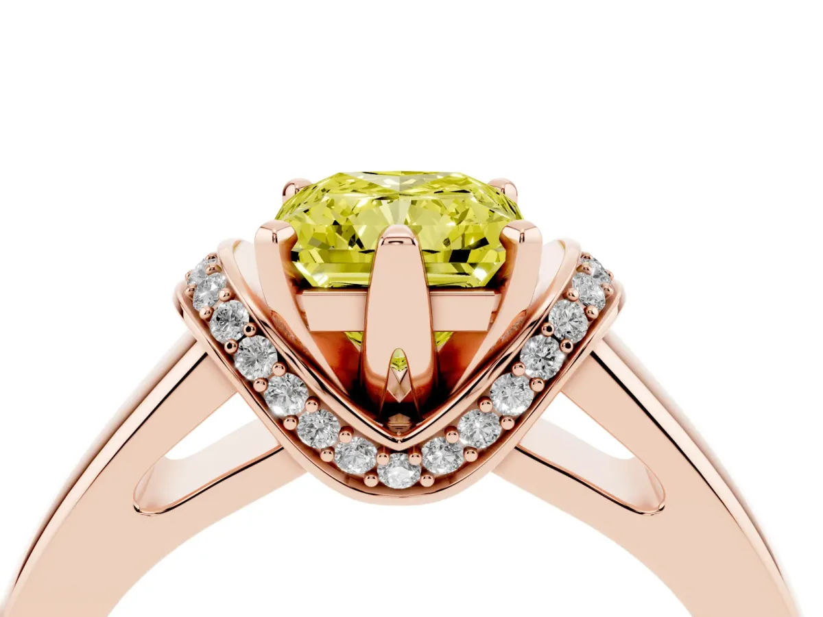 Fancy Yellow Radiant Cut Solitaire Diamond Ring with Pave Band and Six-Prong Setting Rose gold