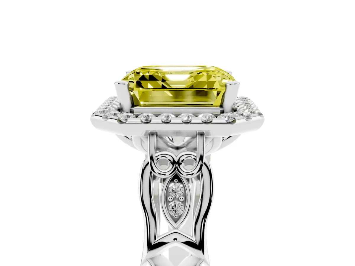 Fancy Yellow Asscher Cut Halo Diamond Engagement Ring with Filigree Band and Four-Prong Setting White gold