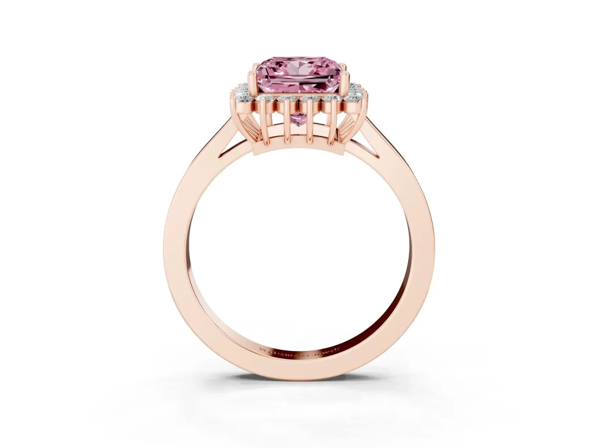 Fancy Pink Princess Cut Cut Diamond Halo Ring with Round Brilliant Halo and Solitaire Band Rose gold