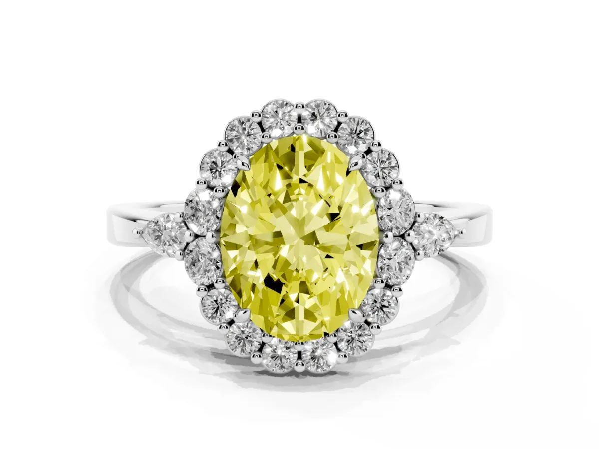 Fancy Yellow Oval Cut Diamond Halo Ring with Pear Side Stones and Prong Setting Silver