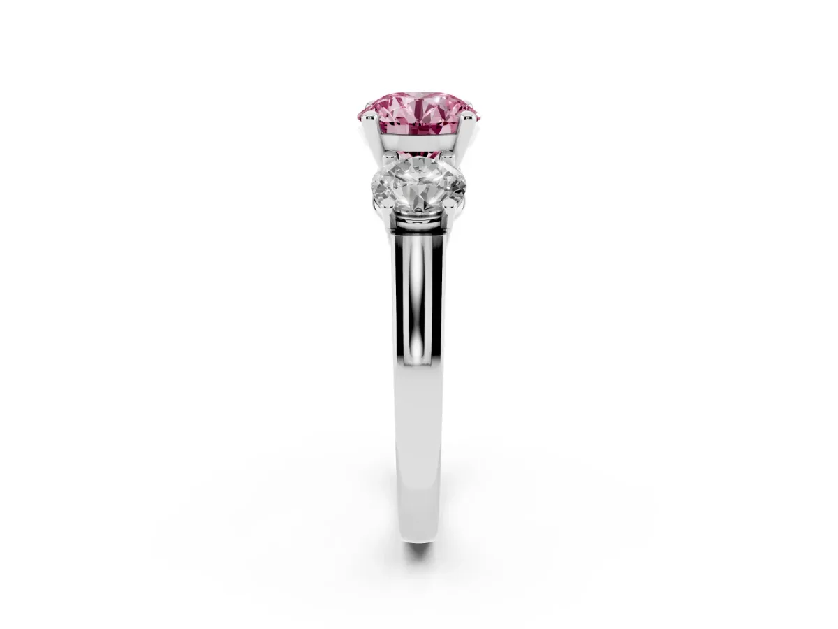 Fancy Pink Three-Stone Round Cut Brilliant Diamond Trellis Ring with Comfort Fit Band Silver