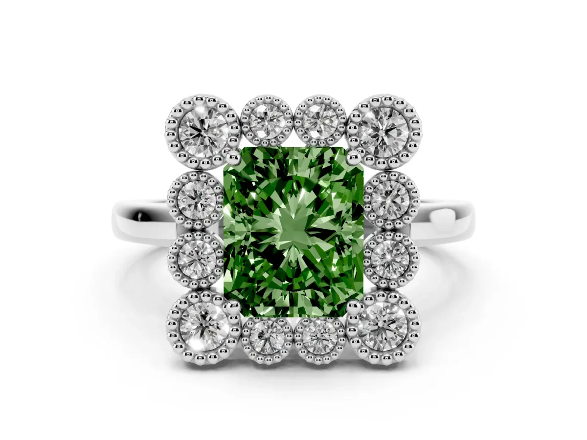 Fancy Green Radiant Cut Halo Diamond Cluster Engagement Ring with Milgrain Bezel Setting and Solitaire Band White gold