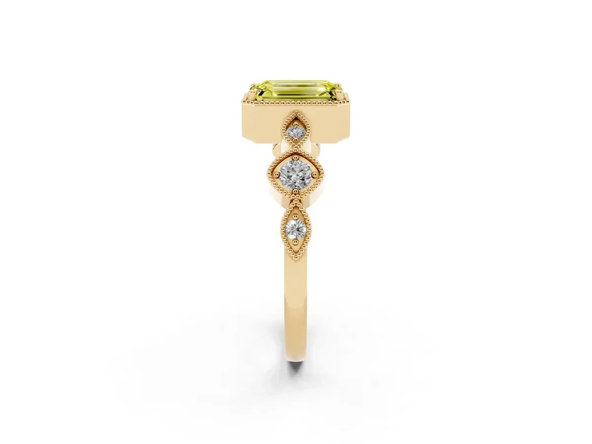Fancy Yellow Emerald Cut Diamond Vintage Milgrain Ring with Round Stations Yellow gold